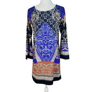 Hale Bob Jersey Shift Dress Size XS Abstract Boho Print Open Back Long Sleeves